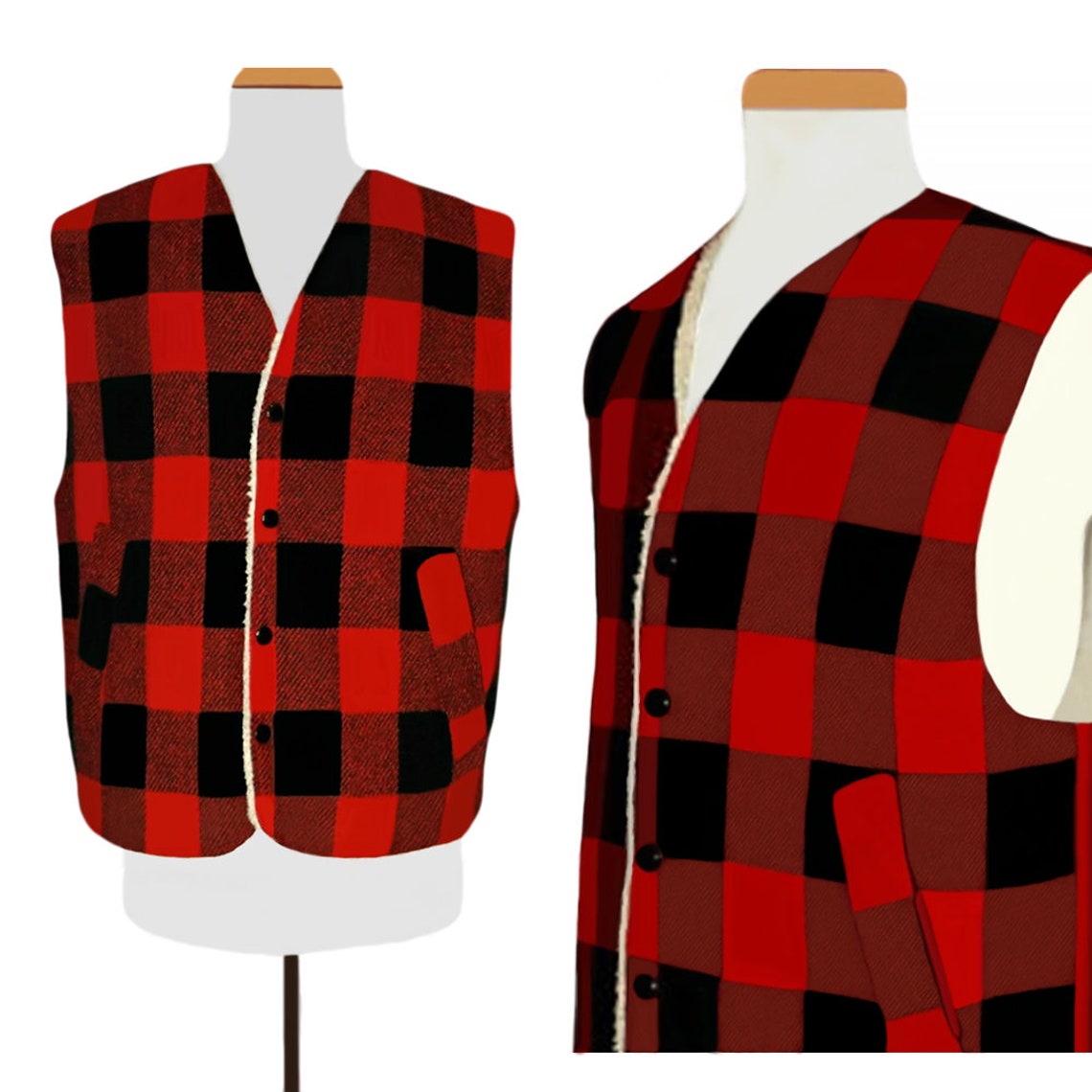 Men's Buffalo Plaid Vest Lumberjack Vest Southwest Vest Camping Fishing