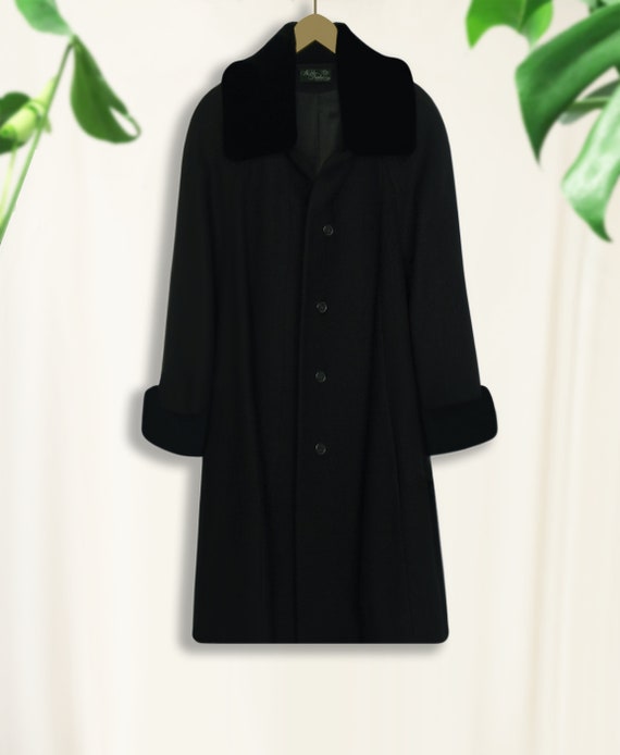 Noble Fashions Coat Black Faux Fur Trim Coat Vintage Black Swing Coat Wool Coat with Fur Collar and Cuffs Plus Size Black Wool Coat 80s