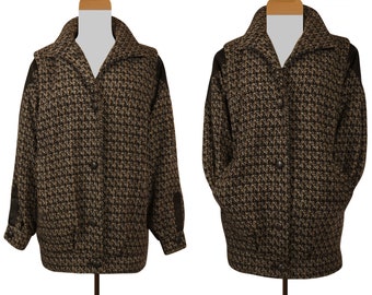 Houndstooth Jacket Women | Houndstooth Wool Coat | Leather Trim Wool Coat |  Brown Houndstooth Coat | Warm Winter Coat- Plus Size Jacket
