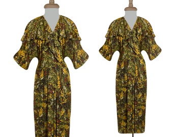 Vintage Dress- Ruffle Dress- Midi Dress- Floral Dress- Ruffle Collar Dress- Vintage Ruffle Dress- Long Floral Ruffle Dress- Peasant Dress