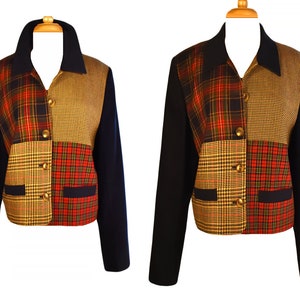 May include: A navy blue blazer with a patchwork design featuring red, yellow, and brown plaid patterns. The blazer has a classic collar and button closure.