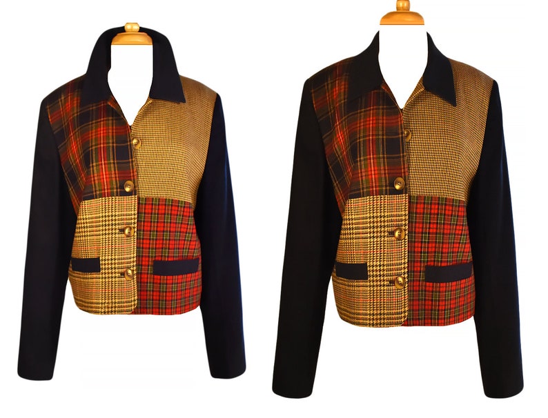 May include: A navy blue blazer with a patchwork design featuring red, yellow, and brown plaid patterns. The blazer has a classic collar and button closure.