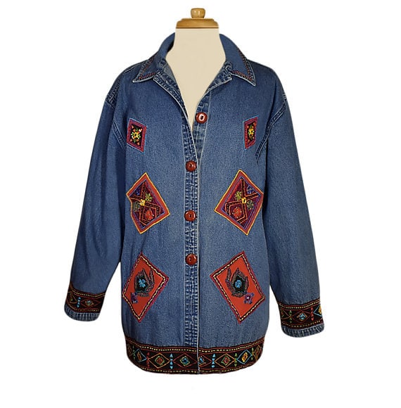 Embroidered Jean Jacket, Denim Jacket- Denim Coat-