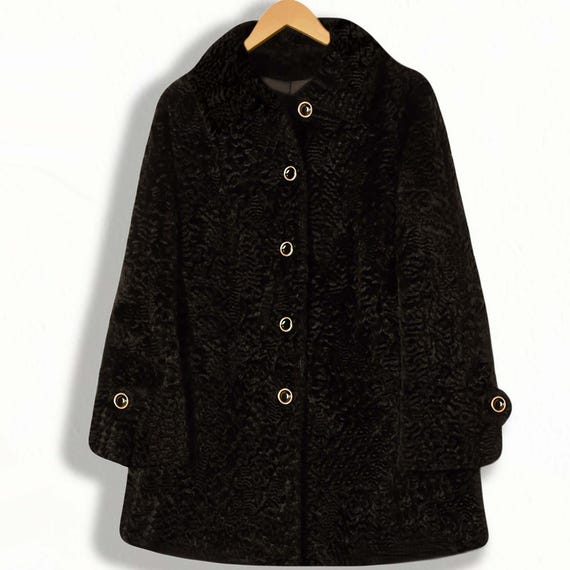 Persian Lamb Coat- Faux Persian Lamb Fur Coat- Black Persian Lamb Fur Coat- Vintage Black Faux Fur Curly Lamb Coat- Union Made Coat 50s
