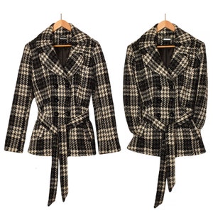 Black and White Houndstooth Jacket- Hounds Tooth Pea Coat- Belted Houndstooth Jacket- Cropped Houndstooth Jacket- Vintage Houndstooth Jacket