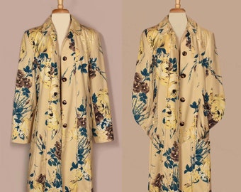 Women's Floral Coat- Long Floral Coat- Cotton Overcoat- Size XL Flower Coat- Bohemian Festival Coat- Boho Midi Floral Print Coat