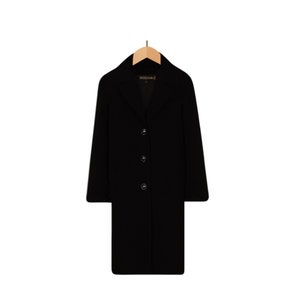 May include: A black long-sleeved coat with a collar and button closure. The coat is hanging on a wooden hanger.