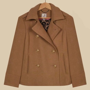 Women&#39;s Camel Pea Coat- Beige Wool Coat- Tan Pea Coat- Short Beige Wool Jacket- Double-breasted Wool Winter Coat- Beige Dress Coat- L