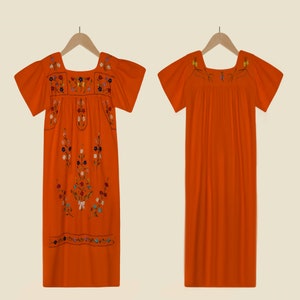 Women&#39;s Mexican Dress- Oaxacan Dress- Embroidered Mexican Dress- Orange Dress- Boho Dress- Hippie Dress- Cotton Mexican Dress- Midi Dress