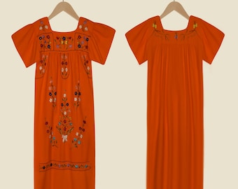 May include: A bright orange maxi dress with colorful floral embroidery. The dress has a square neckline and short sleeves.