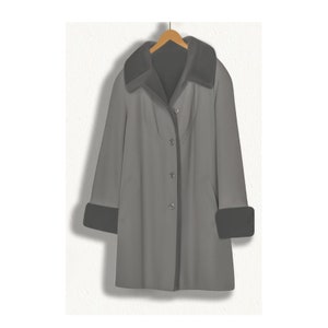 Peut inclure: Un manteau gris avec un col et des poignets en fourrure noire. Le manteau a une fermeture à boutons et une silhouette longue et droite.
