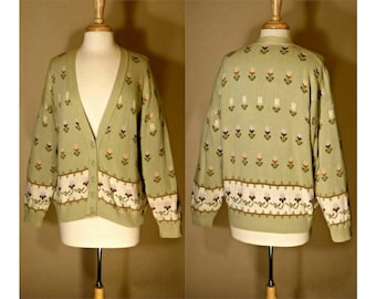 Women's sweater, cardigan sweater, slouchy chunky sweater, sweater jacket, floral sweater, cotton sweater, warm knit cardigan sweater- M-L