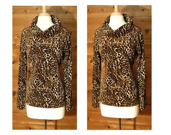 Turtleneck Sweater- Leopard Print Shirt- Leopard Turtleneck Long Sleeve- Cowl Neck Shirt- Leopard Print Shirt- Animal Print Turtleneck XL