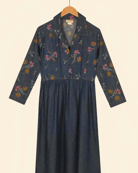 coldwater creek denim dress Dress- Long Sleeve Denim Maxi Dress- Floral Blue Jean Tie-back Dress- Long Jean Shirt Dress- Floral Cotton Jean Bridal Shower Guest Dress Color:MidnightBlue Mediterranean Resort Wear Tencel dress The slipover style with
