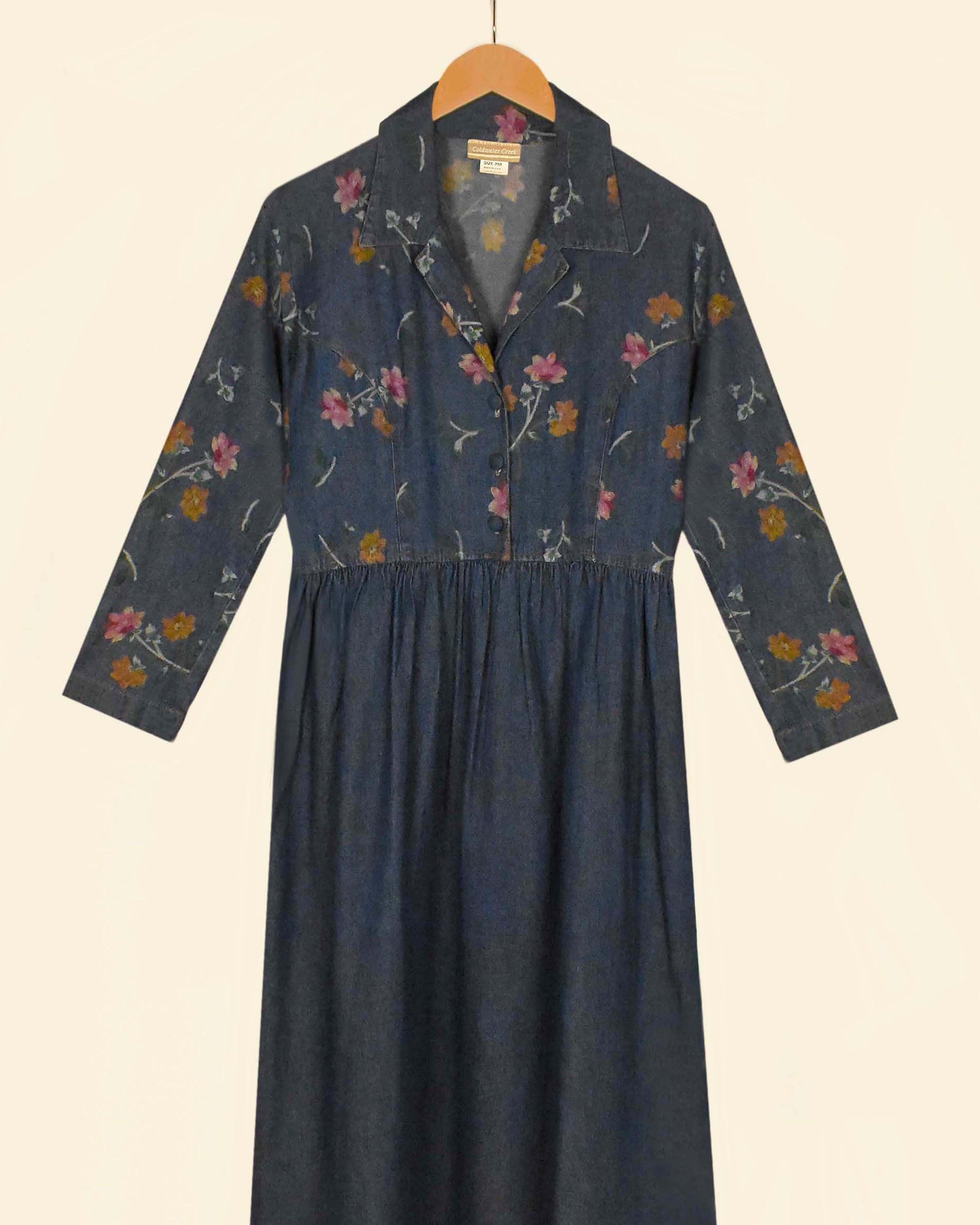 coldwater creek denim dress Coldwater Creek Denim Dress- Long Sleeve Denim Maxi Dress- Floral Blue Jean  Tie-back Dress- Long Jean Shirt Dress- Floral Cotton Jean Dress