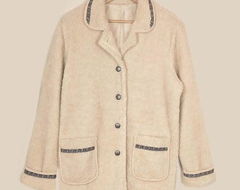 Womens Sherpa Coat- White Sherpa Jacket- Warm Sherpa Coat- Embroidered Sherpa Jacket- Vintage Fluffy Sherpa Coat- Ladies Boho Sherpa Jacket