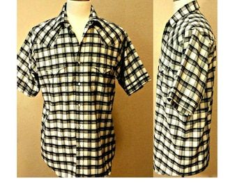 Plains Western Wear Shirt with Pearl Snaps- Mens Plains Western Shirt- Checked Western Shirt Vintage- Plains Western Wear Short Sleeve Shirt