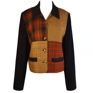 May include: A black blazer with a patchwork design featuring different plaid patterns in red, yellow, and blue.