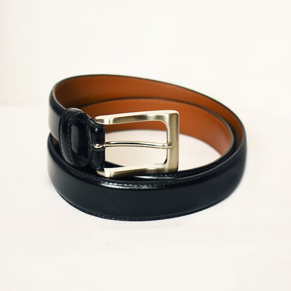 Black Leather Belt- Black Belt- Silver Buckle Bel… - image 1