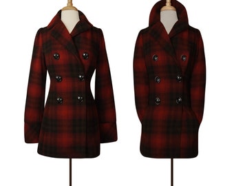 Steve Madden Plaid Jacket- Steve Madden Coat Womens- Buffalo Plaid Coat- Buffalo Check Peacoat- Red Plaid Peacoat- Plaid Wool Blend Peacoat