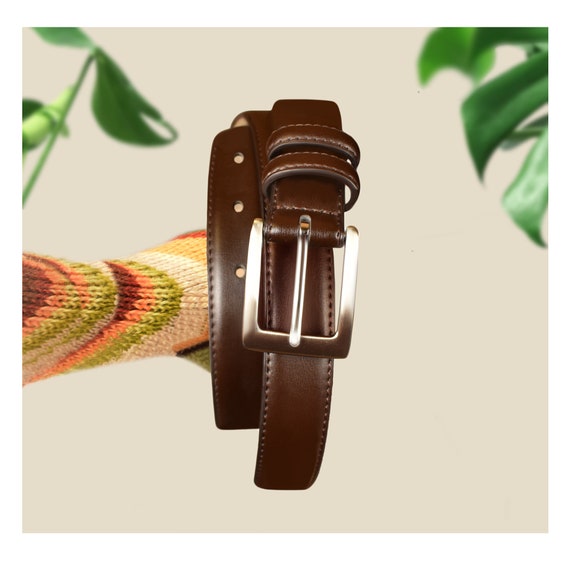 Brown Leather Belt- Brown Belt- Leather Belt- Silv