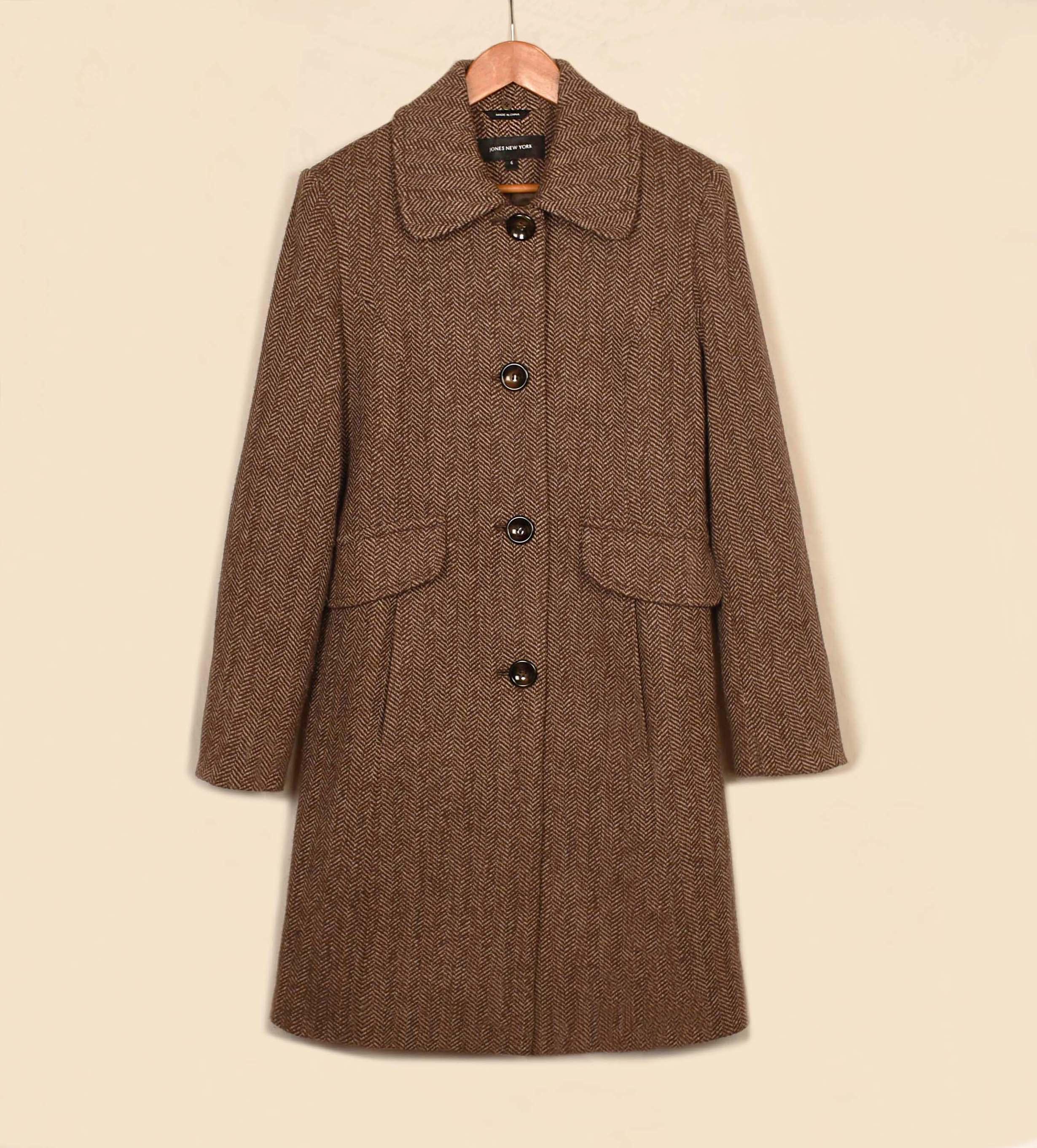 Jones New York Coat- Brown Tweed Coat- Chocolate Brown Wool