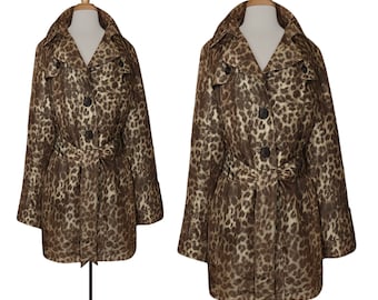 Winter Coat Women- Leopard Coat- Long Coat- Raincoat- Leopard Print- Belted Coat- Trench Coat- Cheetah Print- Animal print- Women's Coat L