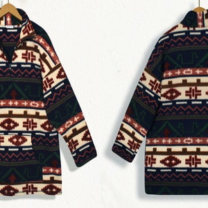 May include: A long-sleeved fleece jacket with a geometric pattern in shades of blue, red, white, brown, and green. The jacket has a zipper closure and a stand-up collar.