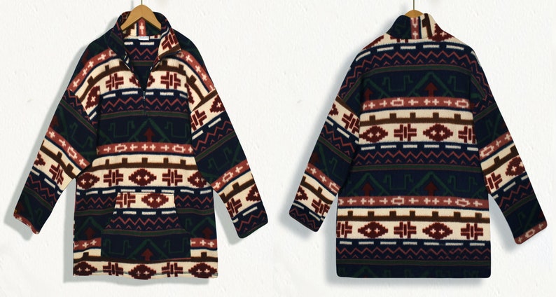 May include: A long-sleeved fleece jacket with a geometric pattern in shades of blue, red, white, brown, and green. The jacket has a zipper closure and a stand-up collar.