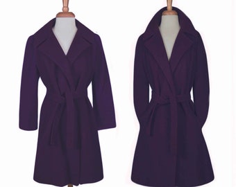 Womens Vintage Wool Coat | Purple Wool Coat | 70s Coat | Chic Belted Overcoat | Wool Winter Coat