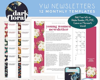 LDS Young Women Newsletter Templates, 12 Months: Edit in Adobe Reader, PS, PSE, Canva or Microsoft Word! [Digital Download]