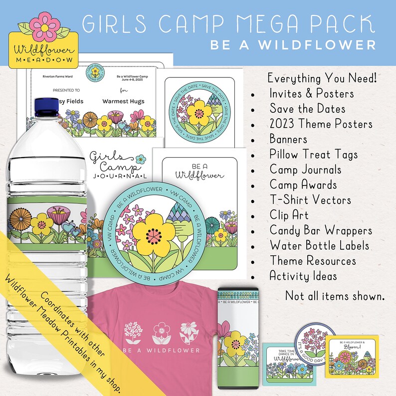 LDS Girls Camp Mega Pack, Be a Wildflower, Posters, Tags, Journals, T Shirt Vectors, Candy Bar & Water Bottle Labels Digital Download image 1