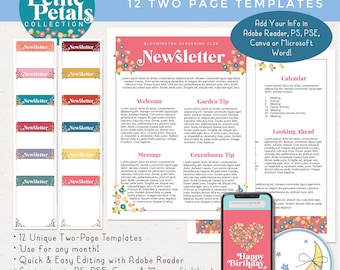 Newsletter Editable Templates 12 Months: Adobe Reader, PS, PSE, Canva, Microsoft Word! Bonus Happy Birthday texts! [Digital Download]