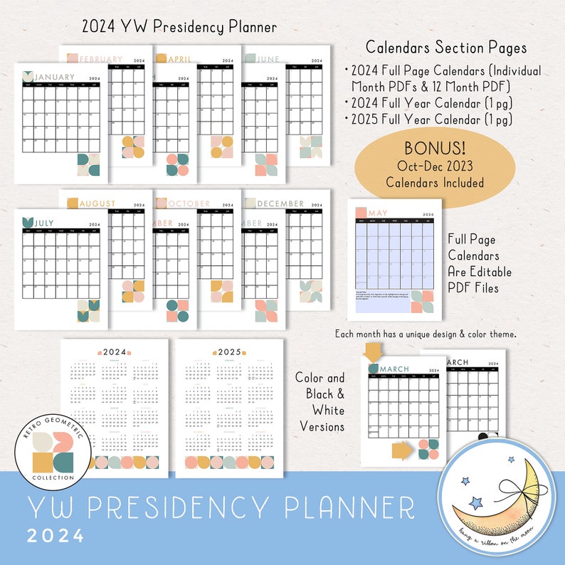 2024 LDS Young Women Presidency Planner for YW or class. Printable editable PDF files; retro geometric design in pastel colors pink peach sky blue gray gold blue. 64 pages, calendars, forms, agendas, divider pages tabs, color and black & white