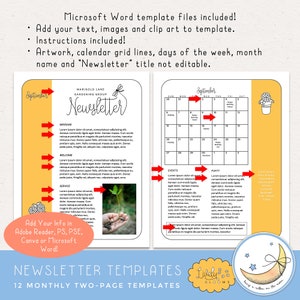 Newsletter Templates, 12 Months, Two Pages, Edit in Adobe Reader, Photoshop, Photoshop Elements, Canva and Microsoft Word Digital Download image 4