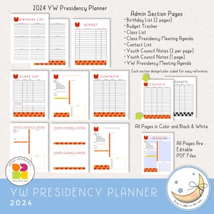 2024 LDS Young Women Presidency Planner for YW or class. Printable editable PDF files; retro geometric design in bright colors red orange yellow peach lime green pink. 64 pages, calendars, forms, agendas,  divider pages tabs, color and black & white