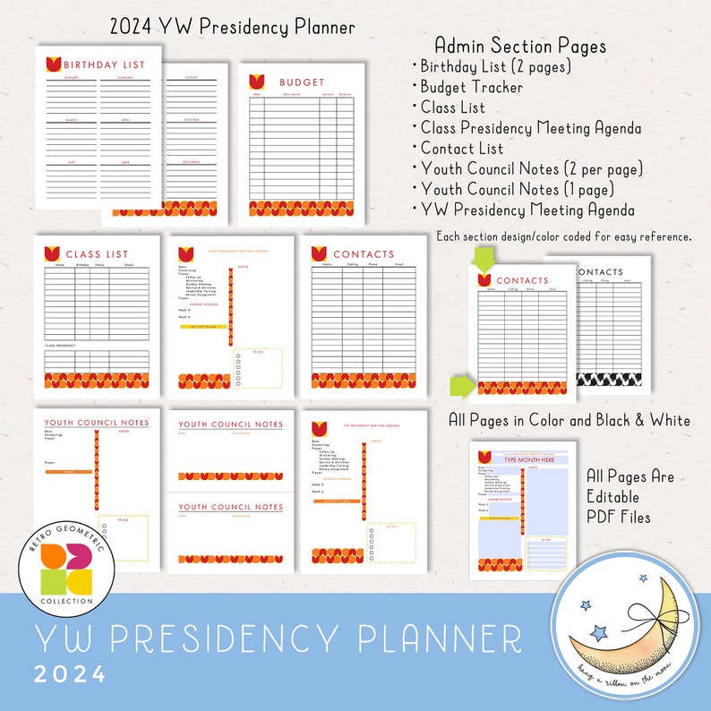 2024 LDS Young Women Presidency Planner for YW or class. Printable editable PDF files; retro geometric design in bright colors red orange yellow peach lime green pink. 64 pages, calendars, forms, agendas,  divider pages tabs, color and black & white