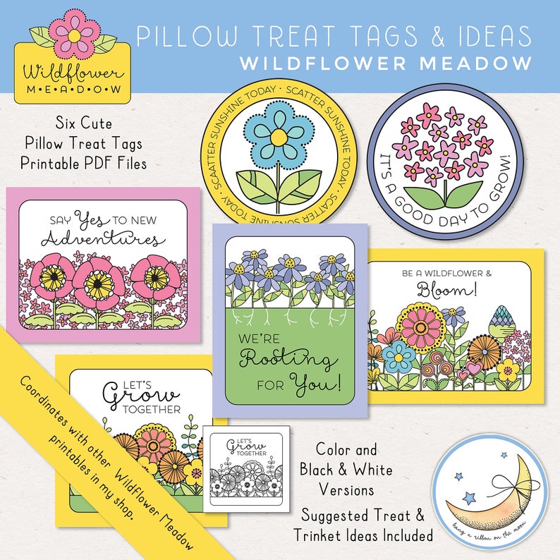 LDS Young Women Girls Camp Pillow Treats Tags & Ideas, Wildflower Meadow Pack 2, Printable PDF Files Digital Download image 1