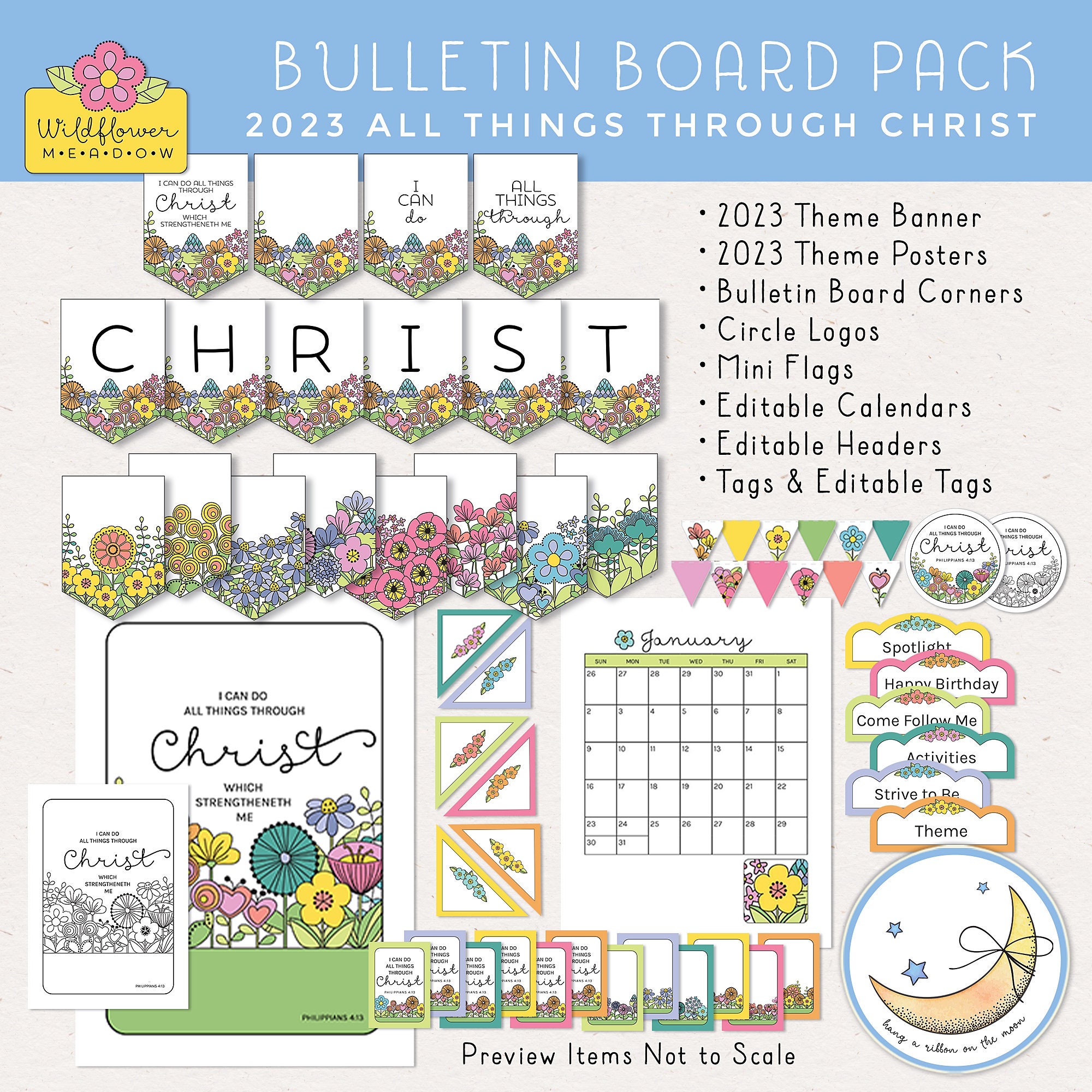2023 All Things Through Christ, Bulletin Board Pack, LDS Young Women Youth Theme, Classroom Decor Pack [Printable Instant Download]