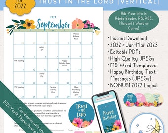 LDS Young Women 2022 Calendar Pack: Trust in the Lord, Editable PDF, JPEGs & MS Word Templates, Vertical Format [Digital Download]