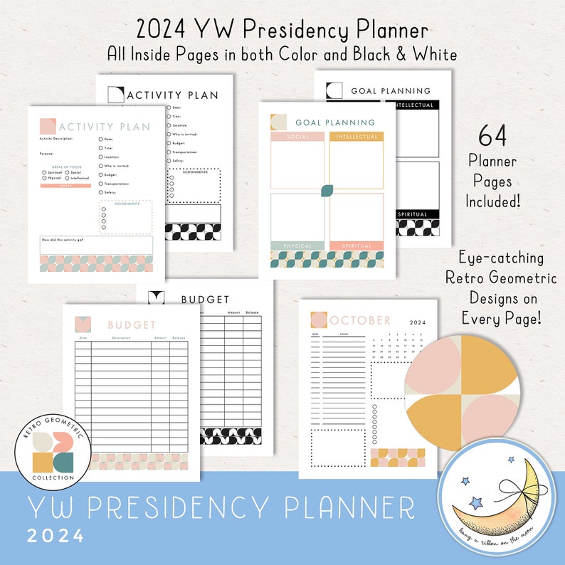 2024 LDS Young Women Presidency Planner for YW or class. Printable editable PDF files; retro geometric design in pastel colors . 64 pages, calendars, forms, agendas,  divider pages tabs, color and black & white