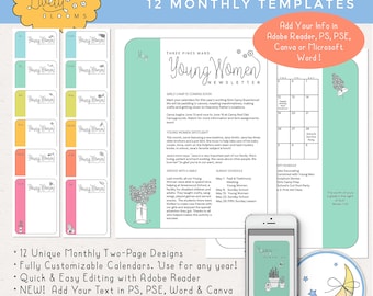 LDS Young Women Newsletter Templates 12 Months: Edit in Adobe Reader, PS, PSE, Microsoft Word or Canva! [Digital Download]