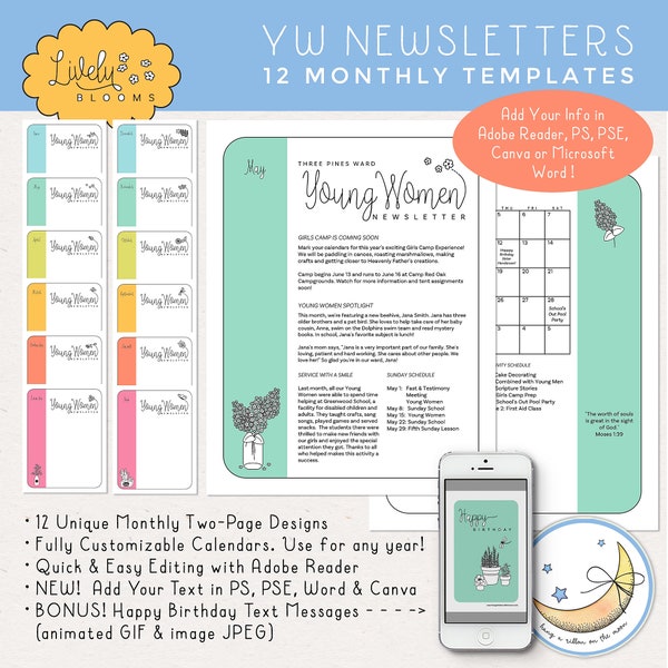 LDS Young Women Newsletter Templates 12 Months: Edit in Adobe Reader, PS, PSE, Microsoft Word or Canva! [Digital Download]