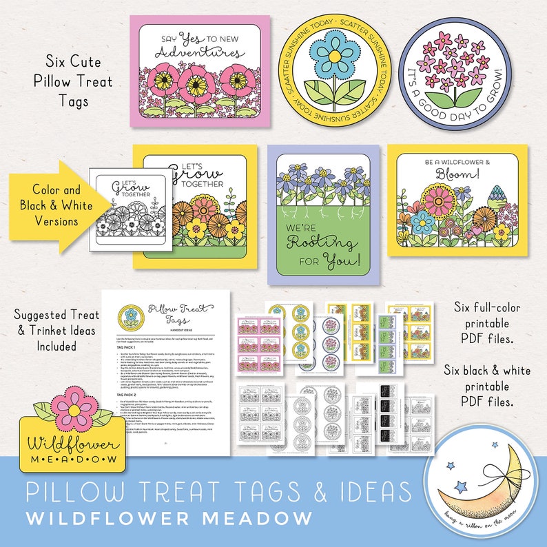 Printable LDS young women girls camp pillow treat handout tags. scatter sunshine today, it's a good day to grow, say yes to new adventures, we're rooting for you, be a wildflower and bloom, let's grow together. color and black & white.