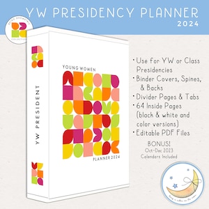 Presidency Planner 2024, LDS Young Women, Editable PDF, Binder Covers, Divider Pages, Tabs, 64 Printable Planner Pages, Color, Black & White image 1