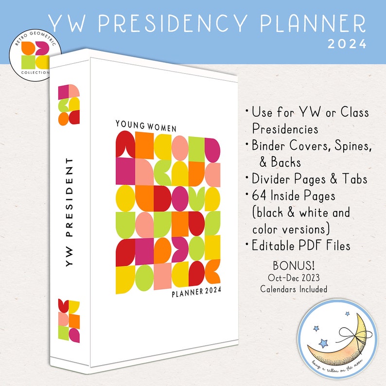 Presidency Planner 2024, LDS Young Women, Editable PDF, Binder Covers, Divider Pages, Tabs, 64 Printable Planner Pages, Color, Black & White image 1