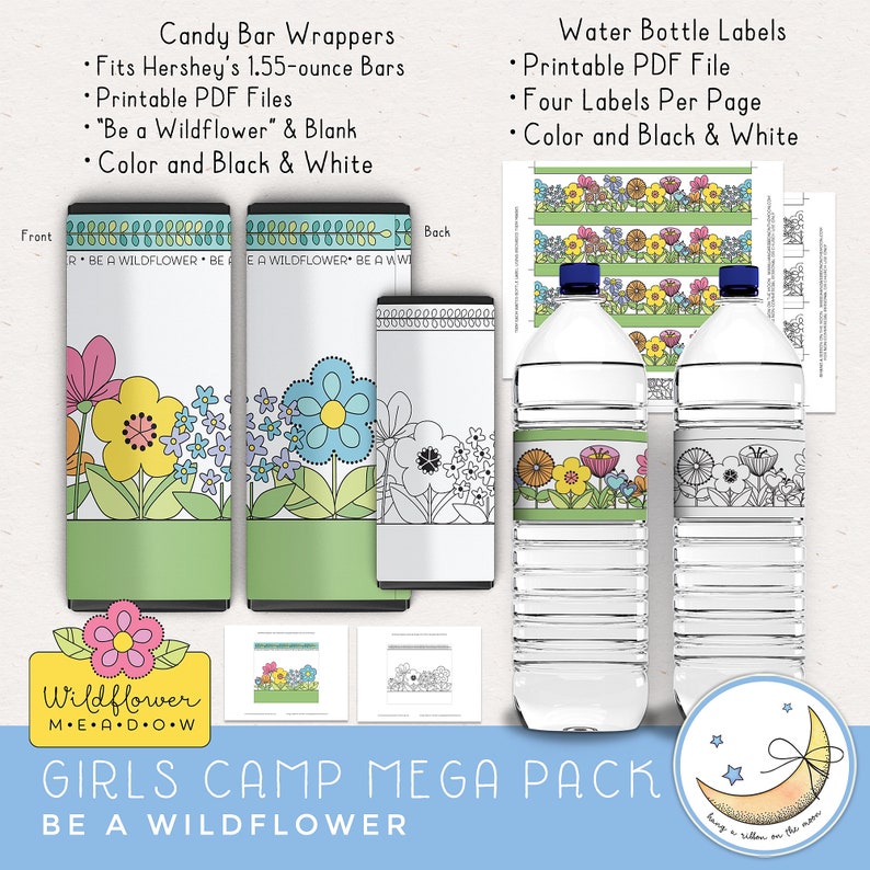 LDS Young Women Girls Camp Printables, Be a Wildflower theme, invites, posters, save the date, tshirt designs, candy bar wrappers, resources, activity ideas, clip art, award certificates, camp journals, pillow treat tags, banner. Hand drawn artwork.