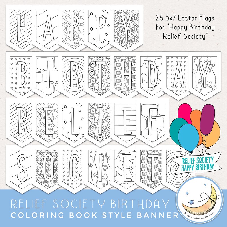 LDS Relief Society Happy Birthday Party Banner, Coloring Book Style, 42 ...