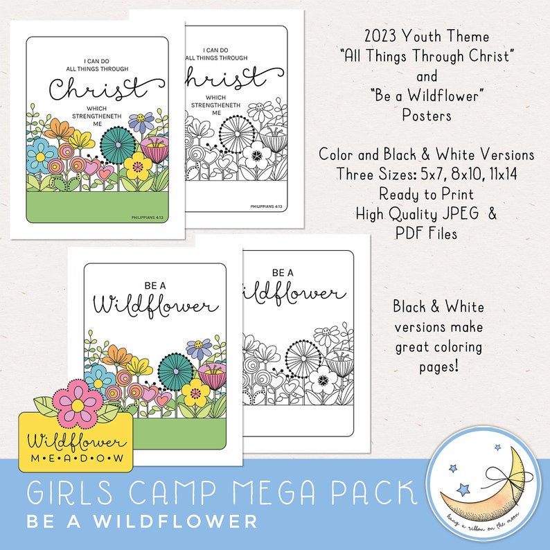 LDS Young Women Girls Camp Printables, Be a Wildflower theme, invites, posters, save the date, tshirt designs, candy bar wrappers, resources, activity ideas, clip art, award certificates, camp journals, pillow treat tags, banner. Hand drawn artwork.