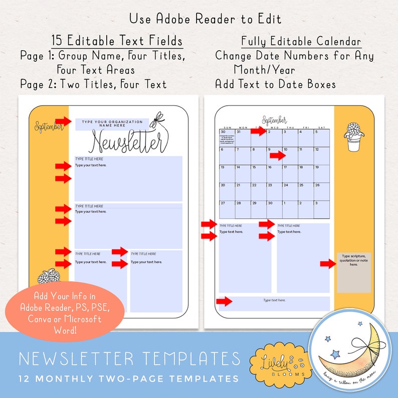 Newsletter Templates, 12 Months, Two Pages, Edit in Adobe Reader, Photoshop, Photoshop Elements, Canva and Microsoft Word Digital Download image 2